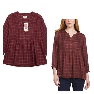NWT Wrangler Plaid Peasant Blouse –‎ XXL – Burgundy Plaid